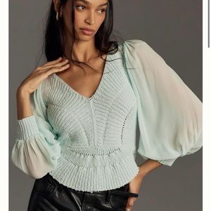 Anthropologie Pale Mint V-Neck Knit Top with Sheer Bishop Sleeves